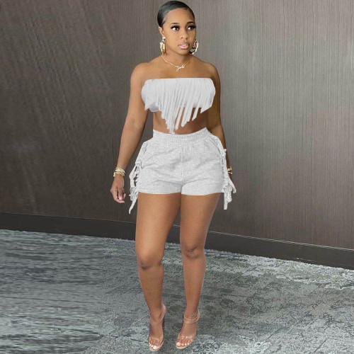 Solid color tube top tassel fashion sexy backless shorts short-sleeved suit