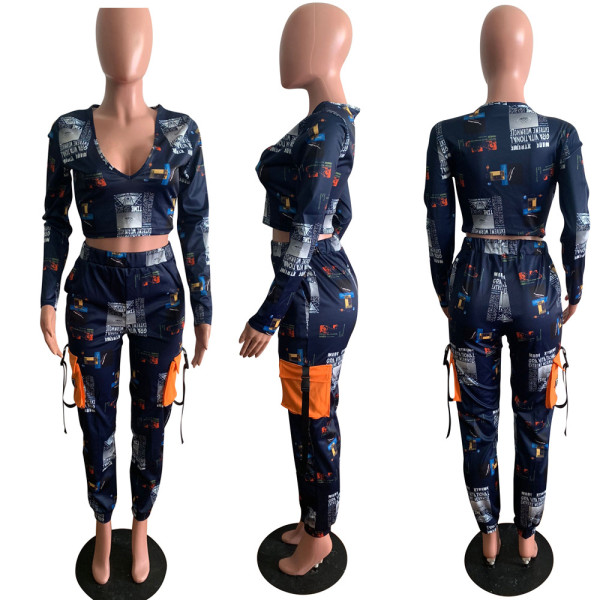 Women's Print Sexy Big Pocket English Letters Black Blue Two Piece Set