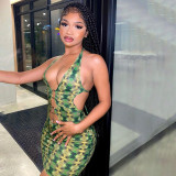 Printed personality ring hollow halter neck package hip dress