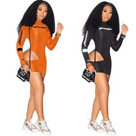 Solid color English alphabet offset printing female T sexy bag hip hollow dress