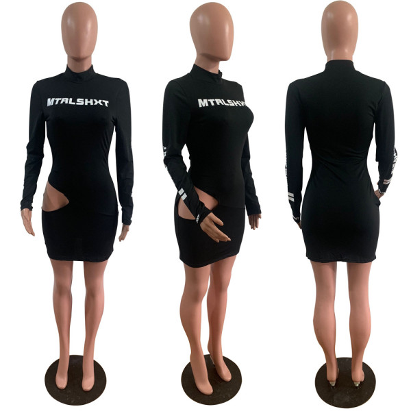 Solid color English alphabet offset printing female T sexy bag hip hollow dress