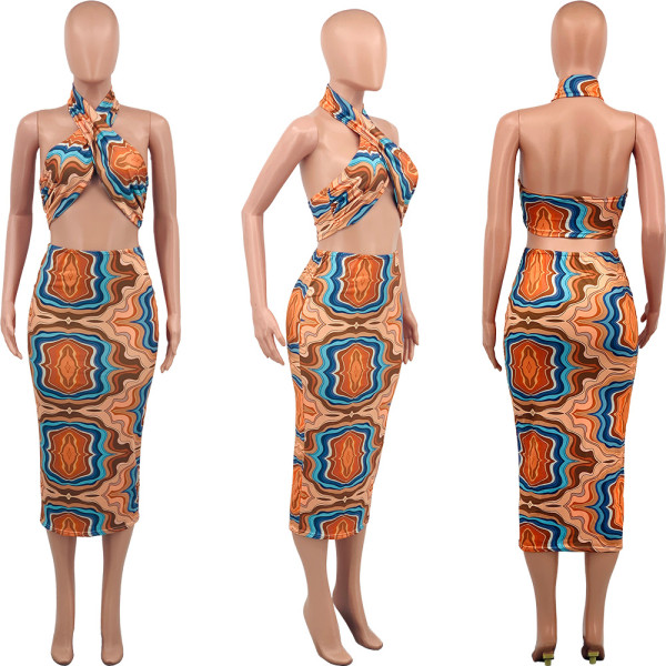 Individual square pattern print sexy halter neck navel open back skirt suit
