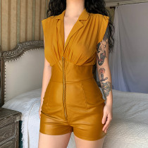Sexy PU leather stitching plastic waist lapel shirt jumpsuit women's shorts