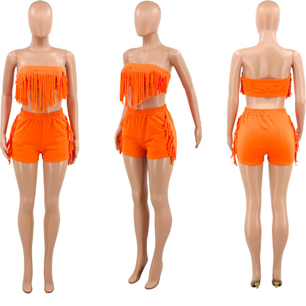 Solid color tube top tassel fashion sexy backless shorts short-sleeved suit