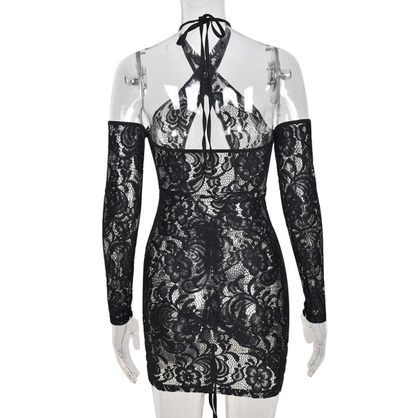 Women's Lace Hollow Out Waist Perspective Drawstring Long Sleeve Sexy Dress