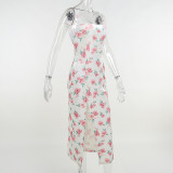 Rose Print Slit Tie Dress Tie Slim Slip Dress