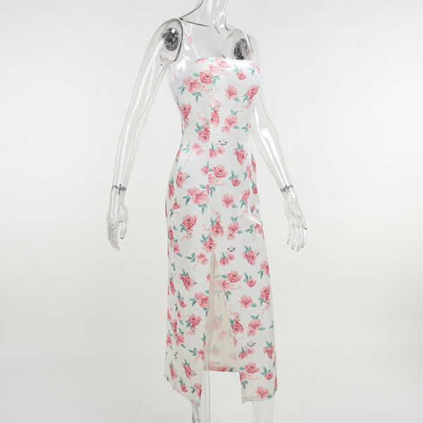 Rose Print Slit Tie Dress Tie Slim Slip Dress
