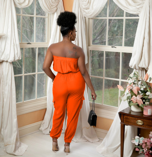 Fashion Casual Bandeau Pocket Belt Spring Summer Jumpsuit