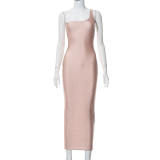 One Shoulder Solid Color Sleeveless Dress