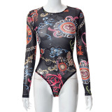 Sexy Print Bodysuit Tight Hip Raising Mesh Trousers Suit Women