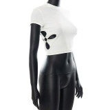 Solid Color Casual Round Neck Cutout Ring Short Sleeve Crop Top