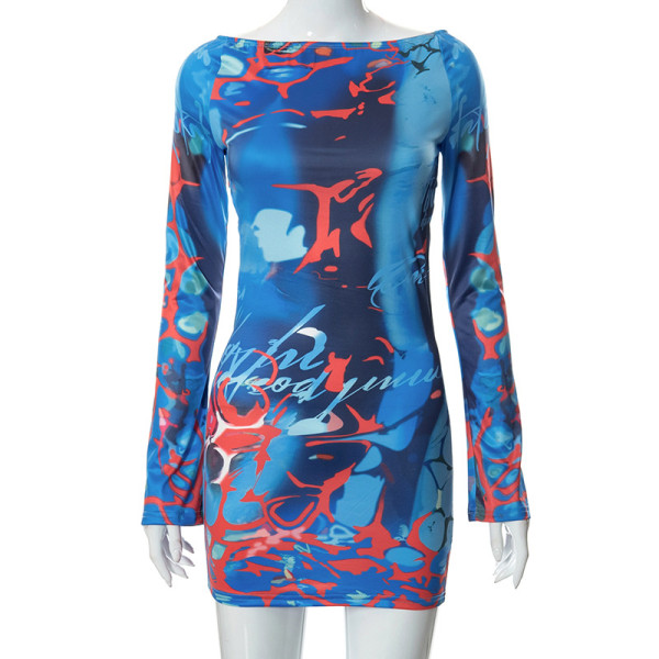 open-back long-sleeve printed dress
