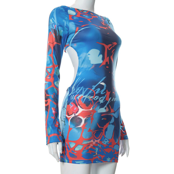 open-back long-sleeve printed dress