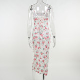 Rose Print Slit Tie Dress Tie Slim Slip Dress