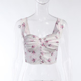 Women's floral sexy crop top with pleated chest straps