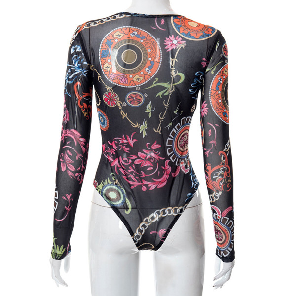 Sexy Print Bodysuit Tight Hip Raising Mesh Trousers Suit Women