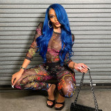 Sexy Print Bodysuit Tight Hip Raising Mesh Trousers Suit Women