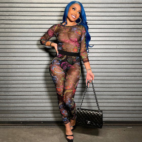 Sexy Print Bodysuit Tight Hip Raising Mesh Trousers Suit Women