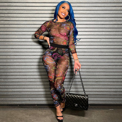 Sexy Print Bodysuit Tight Hip Raising Mesh Trousers Suit Women