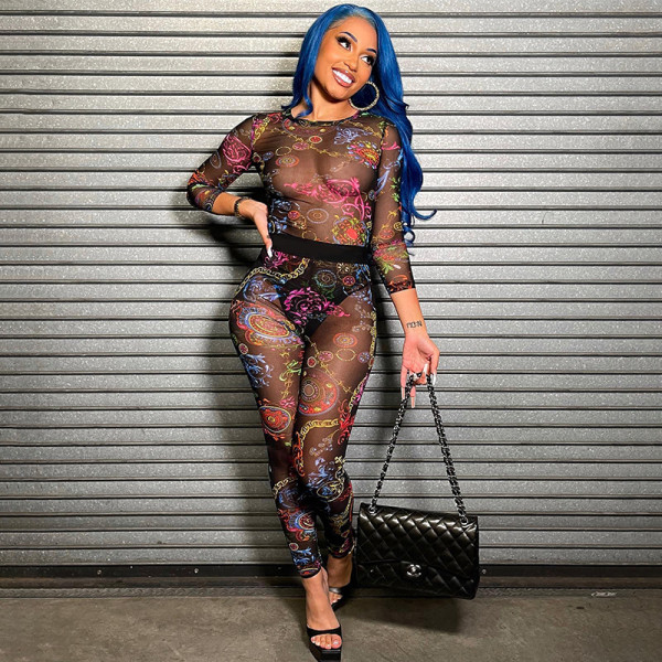 Sexy Print Bodysuit Tight Hip Raising Mesh Trousers Suit Women