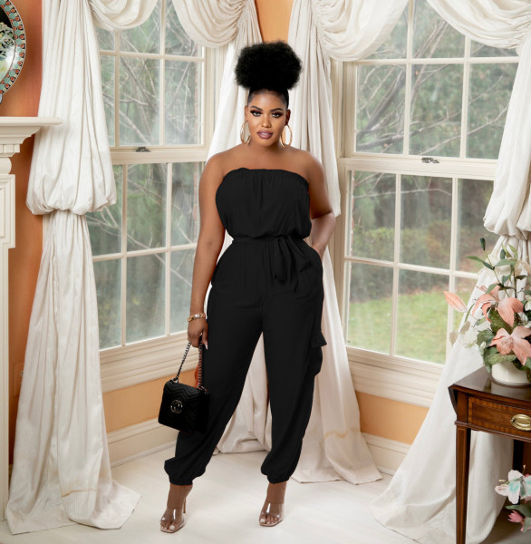Fashion Casual Bandeau Pocket Belt Spring Summer Jumpsuit