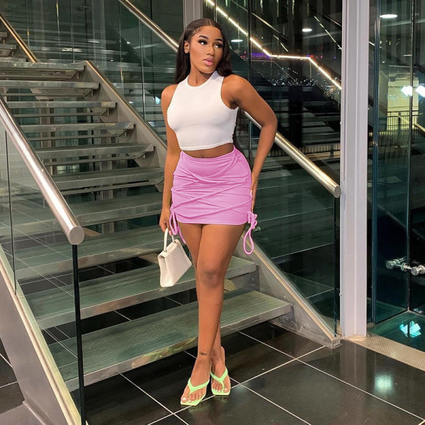 Solid Color Lace Up Casual Skirt