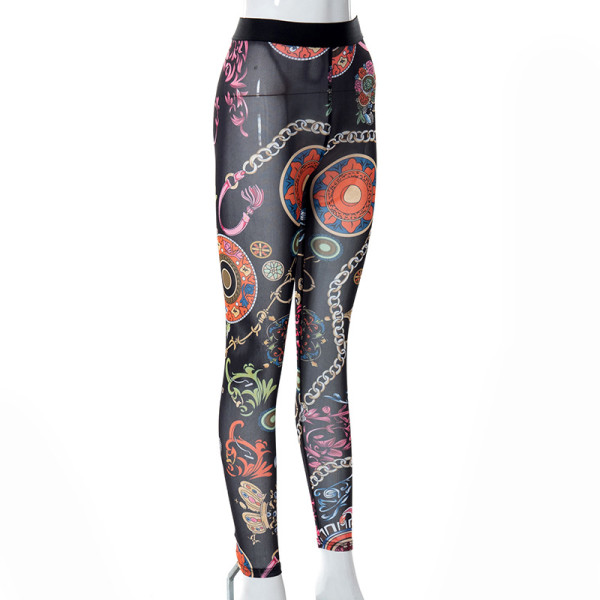 Sexy Print Bodysuit Tight Hip Raising Mesh Trousers Suit Women