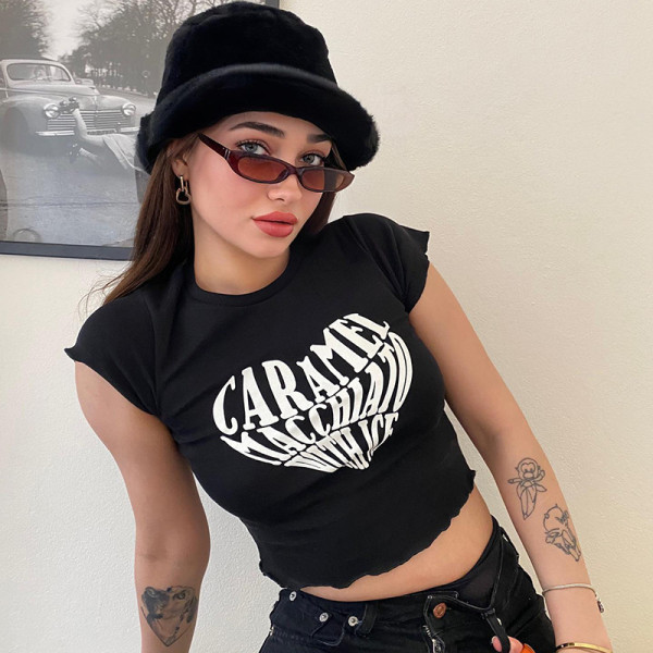 Love letter print T-shirt fashion sexy temperament slim round neck top