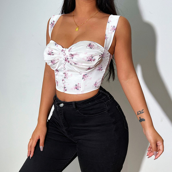 Women's floral sexy crop top with pleated chest straps
