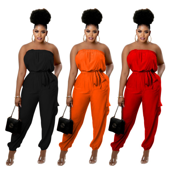 Fashion Casual Bandeau Pocket Belt Spring Summer Jumpsuit