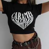 Love letter print T-shirt fashion sexy temperament slim round neck top