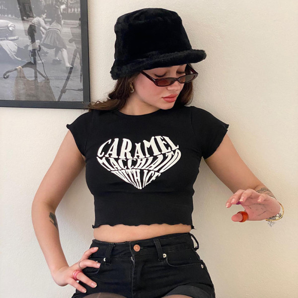 Love letter print T-shirt fashion sexy temperament slim round neck top
