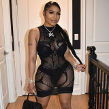 women's solid color sexy package hip slim see-through dress