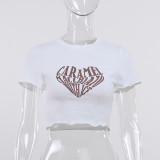 Love letter print T-shirt fashion sexy temperament slim round neck top