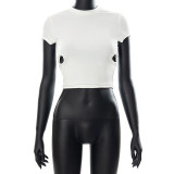 Solid Color Casual Round Neck Cutout Ring Short Sleeve Crop Top