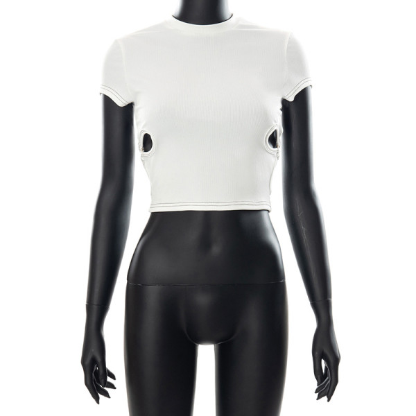Solid Color Casual Round Neck Cutout Ring Short Sleeve Crop Top