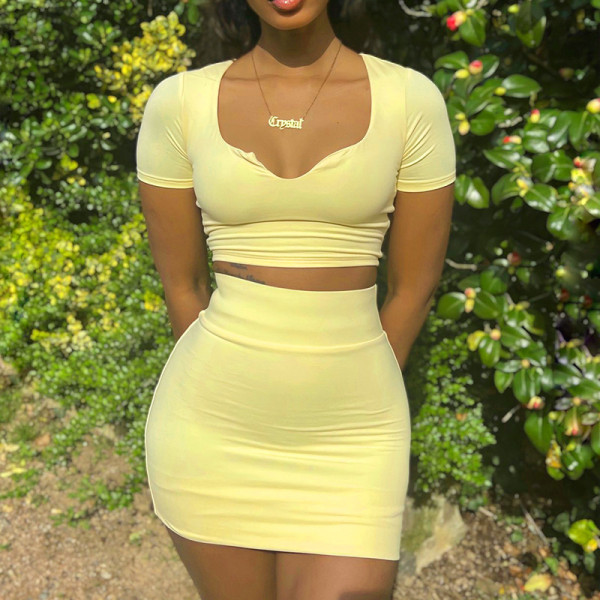 Fashion Solid Color Small U Neck Suit Skirt