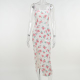 Rose Print Slit Tie Dress Tie Slim Slip Dress