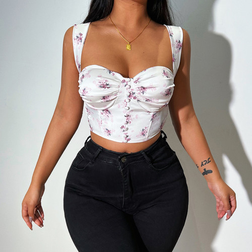 Women's floral sexy crop top with pleated chest straps
