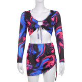 Sexy Contrast Print Lace-Up Long Sleeve Cardigan Crop Navel Split Smocked Skirt Set