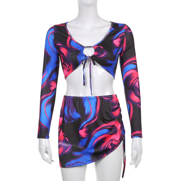 Sexy Contrast Print Lace-Up Long Sleeve Cardigan Crop Navel Split Smocked Skirt Set