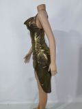 Sexy bronzing nightclub pile pile collar fold irregular suspender dress