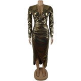 Sexy bronzing long-sleeved V-neck split irregular nightclub long dress dress