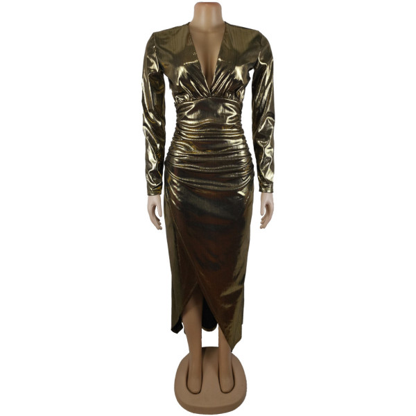 Sexy bronzing long-sleeved V-neck split irregular nightclub long dress dress
