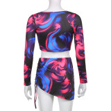 Sexy Contrast Print Lace-Up Long Sleeve Cardigan Crop Navel Split Smocked Skirt Set