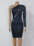 Nightclub sexy laser bronzing single sleeve irregular dress party dress