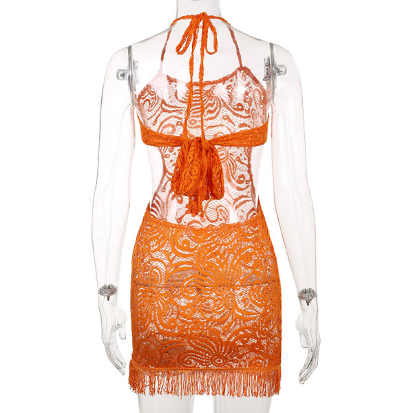 Sexy women's solid color beautiful lace hollow basic tube top suspenders waistless fringed dress