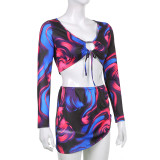 Sexy Contrast Print Lace-Up Long Sleeve Cardigan Crop Navel Split Smocked Skirt Set