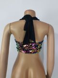 Sexy Colorful Sequins Tethered Halter Cropped Mini Nightclub Wrap