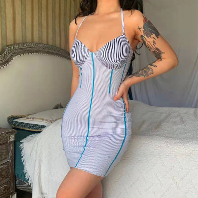 Striped Slim Fit Slim Personality High Sense Design Chest Support Pit Strip Trailing Tight Sleeveless Dress Mid Skirt